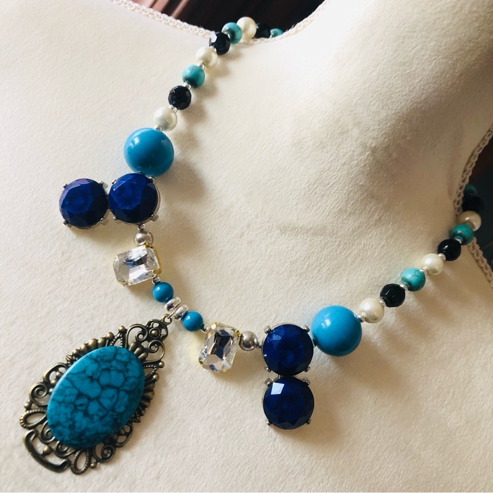 Handcrafted chunky turquoise mixed bead filigree teardrop pendant necklace